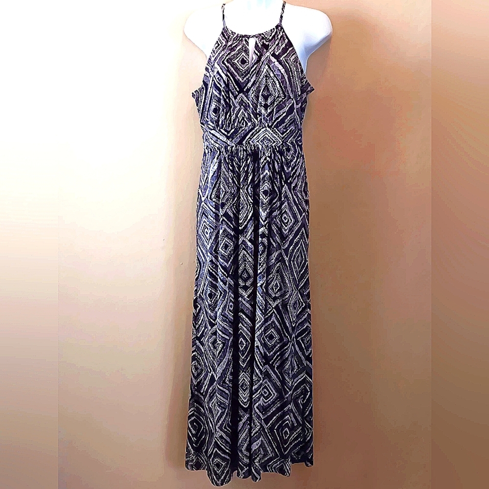 LOFT Summer Halter Maxi Dress M Petite Navy Cream Resortwear
